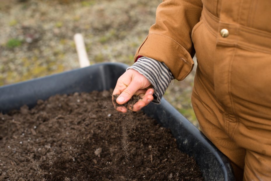 A person holds dark soil above a wheelbarrow.