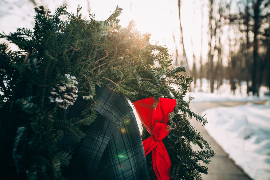 A pine wreath featuring a pinecone and red bow is carried alongside an outdoor path in winter.
